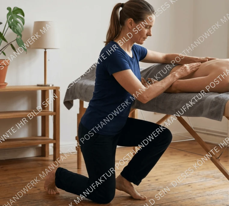 Massage therapist treating leg on massage table, AI image for alternative health and wellness services.