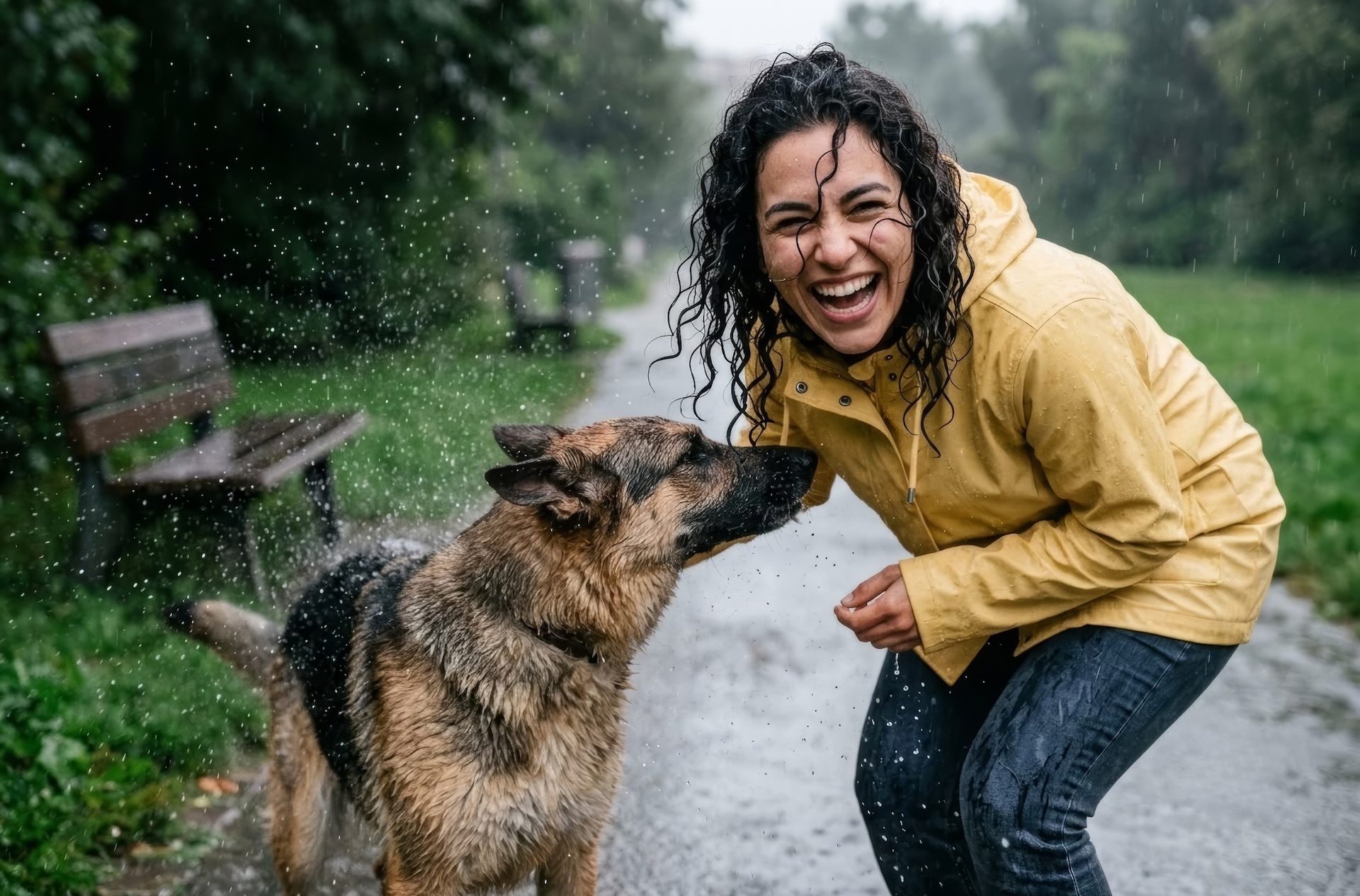 Woman in a yellow raincoat laughing in the rain with her German Shepherd on a park path – AI ad image for pet brands and outdoor brands.