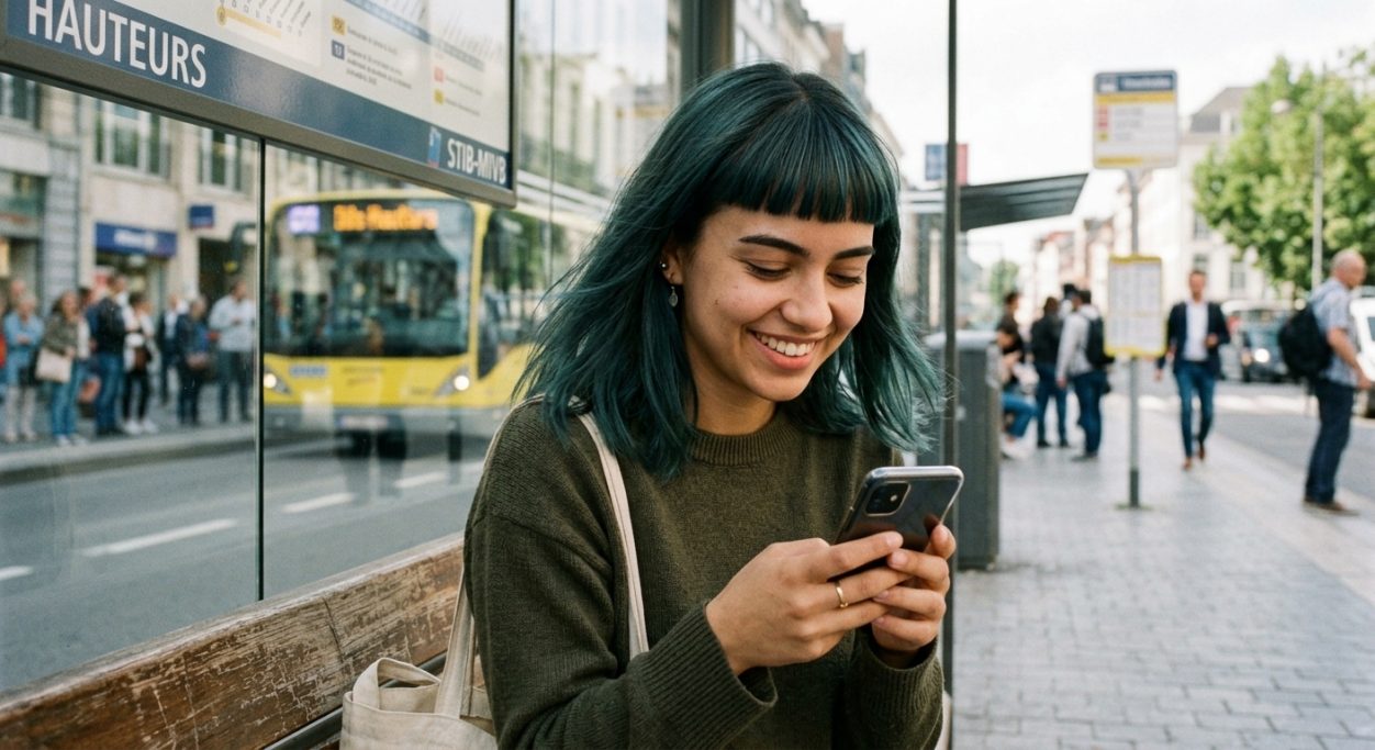 Young woman smiling at her smartphone at a bus stop – AI ad image for fashion and telecom brands.