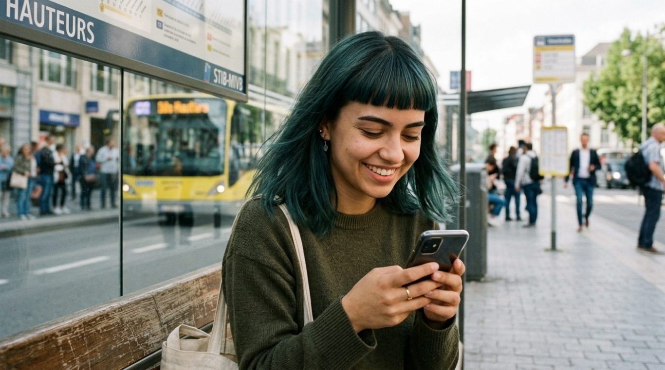 Junge Frau schaut lächelnd aufs Smartphone an der Bushaltestelle – KI-Werbebild für Mode und Telekommunikation.