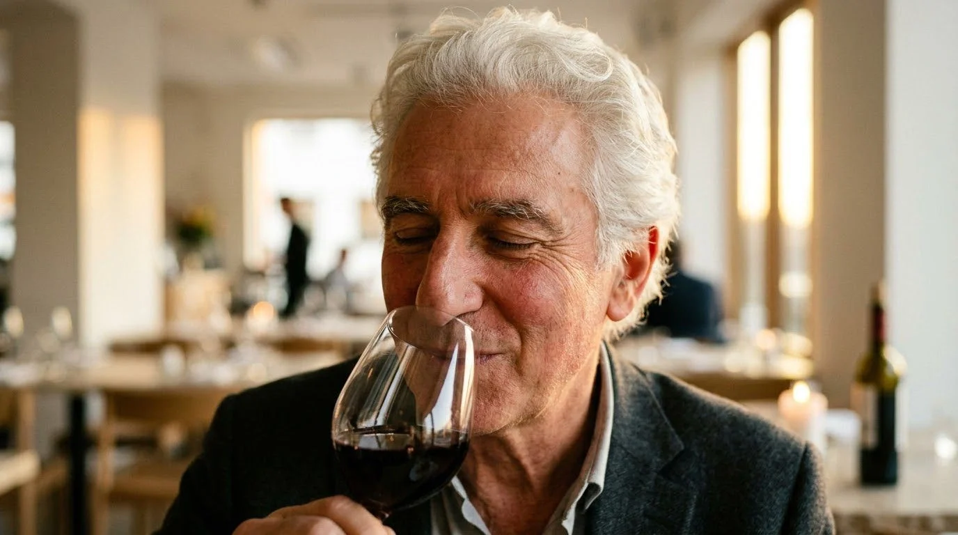 Elegant older gentleman savoring red wine in a fine dining restaurant – AI-generated advertising image for gastronomy and hospitality.