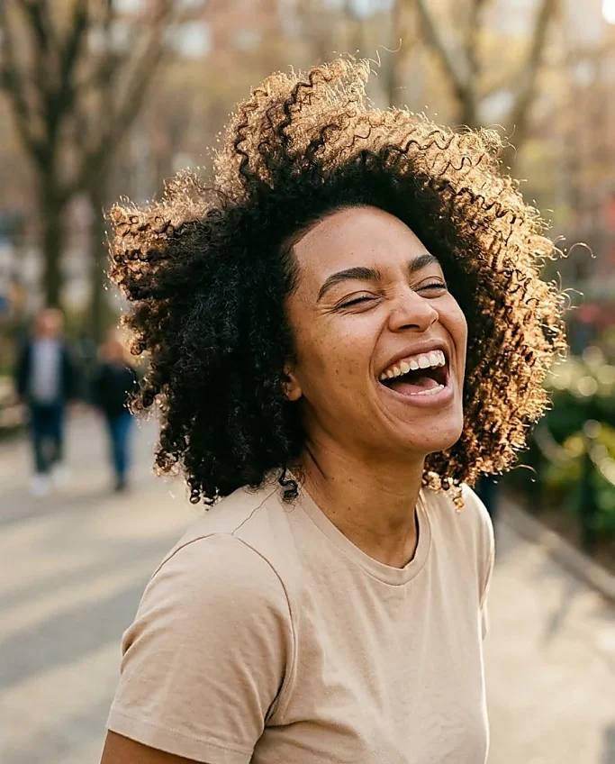 Woman with curly hair laughing on city promenade – AI-generated image for lifestyle and retail brands.