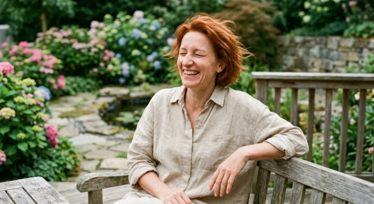 Woman laughing relaxed on a garden bench among hydrangeas – AI ad image for garden and lifestyle brands.