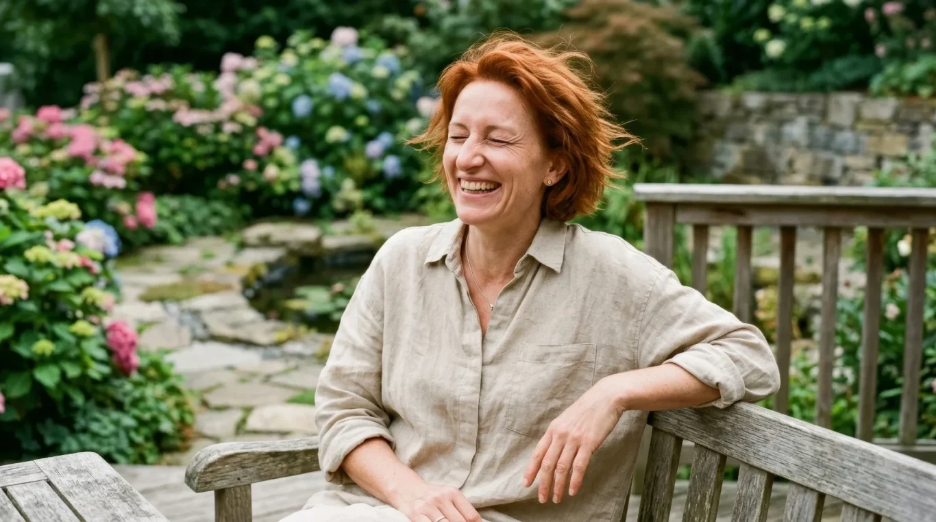 Frau lacht entspannt auf der Gartenbank zwischen Hortensien – KI-Werbebild für Garten und Lifestyle.