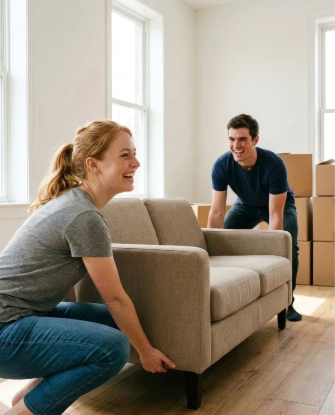 Couple carrying a sofa together while moving house – AI ad image for moving companies and furniture retailers.