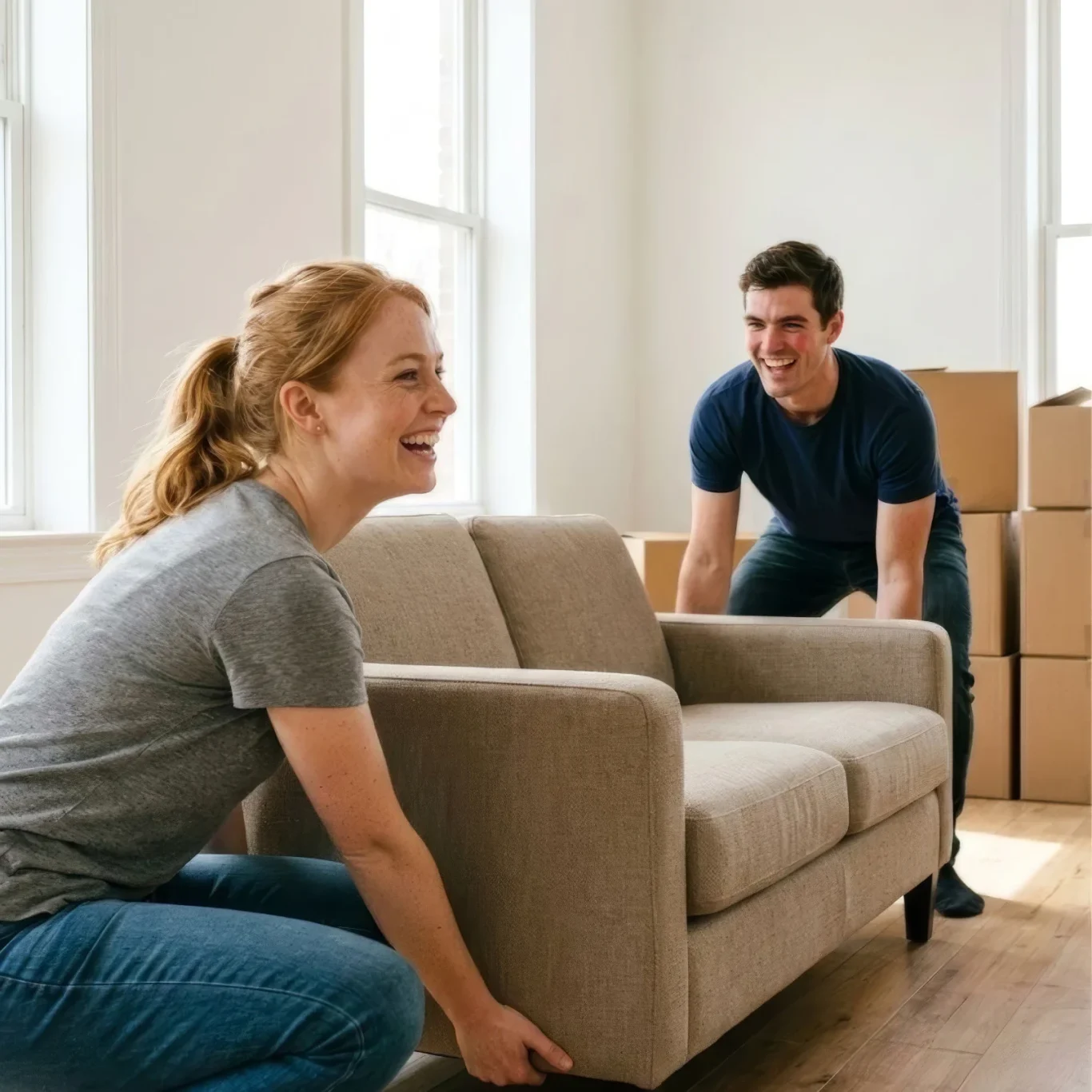 Paar trägt gemeinsam ein Sofa beim Umzug – KI-Werbebild für Umzugsunternehmen und Möbelhandel.