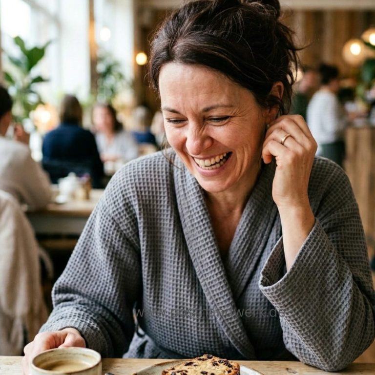 Frau im Bademantel lacht entspannt im Spa – fotorealistisches KI-Bild von Posthandwerk für Beauty, Wellness und Sauna.