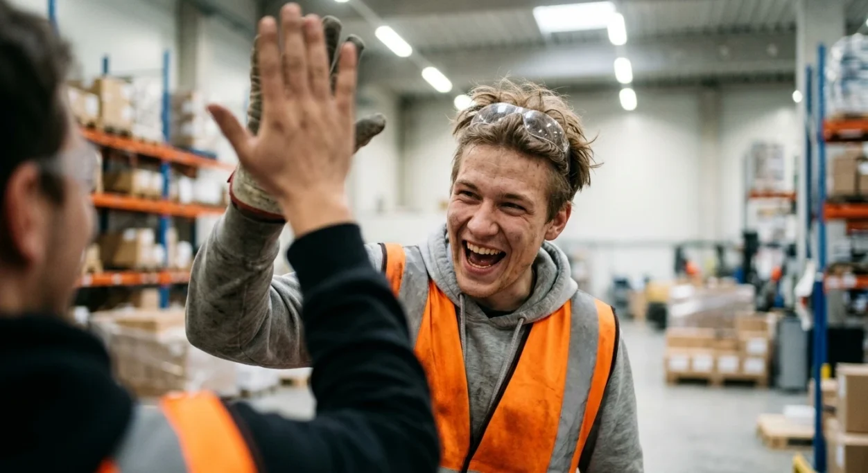 Warehouse workers high-fiving and laughing – AI ad image for logistics and industrial brands.