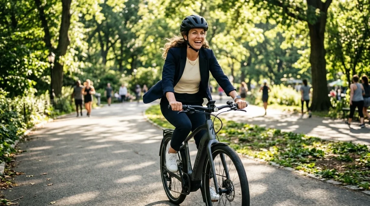 Woman riding an e-bike through the park – AI ad image for mobility and bicycle retail brands.