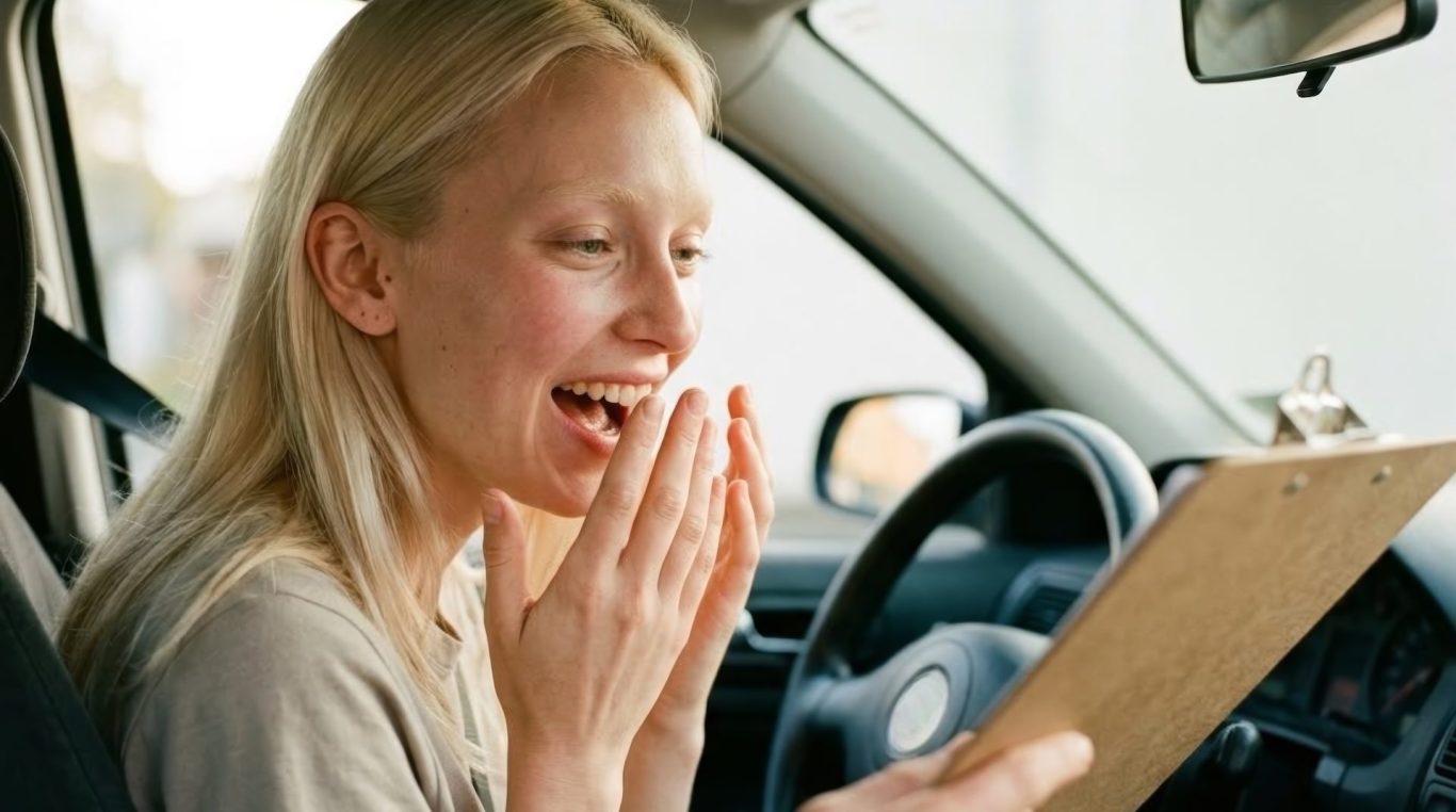 Junge Frau am Steuer eines Autos freut sich über Führerschein – KI-Werbebild für Fahrschulen & Automobilhersteller.