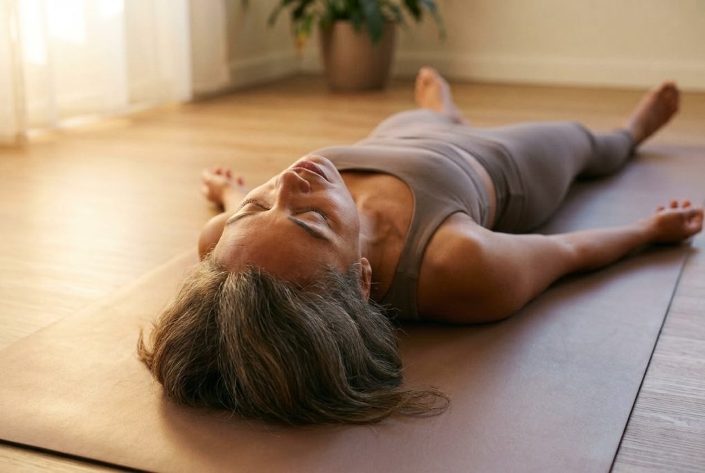 Woman relaxing in final rest pose on a yoga mat – AI ad image for yoga and wellness studios.
