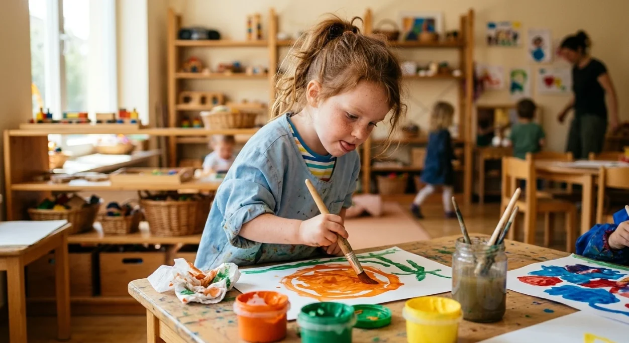Girl painting attentively during art class in kindergarten – AI ad image for childcare and education.