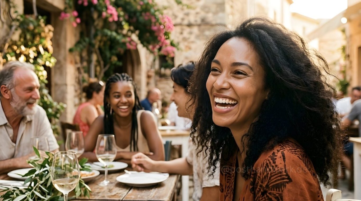 Frau lacht mit Freunden beim Abendessen im Freien – KI-Werbebild für Gastronomie und Events.