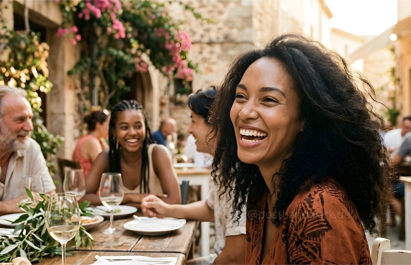 KI-generiertes authentisches Lifestyle-Werbefoto einer lachenden Frau mit lockigem Haar mit Freunden auf mediterraner Restaurantterasse.