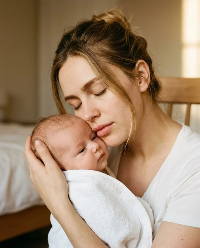 Mother tenderly holding newborn – AI-generated image for care, family and health brands.