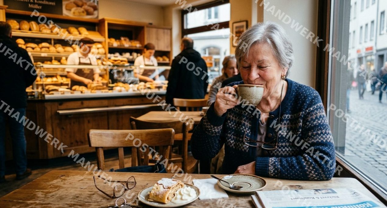 Elderly woman enjoying coffee and cake at a traditional German bakery, AI-generated lifestyle image for food, hospitality, local business.