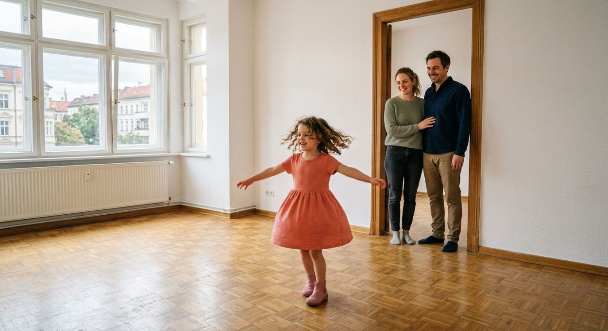 Girl twirling joyfully in an empty new apartment – AI ad image for real estate and moving services.
