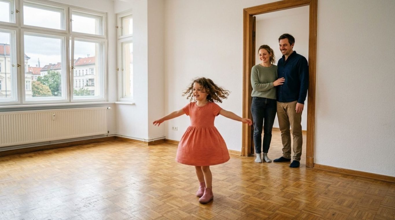 Mädchen dreht sich freudig in der neuen leeren Wohnung – KI-Werbebild für Immobilien und Umzug.