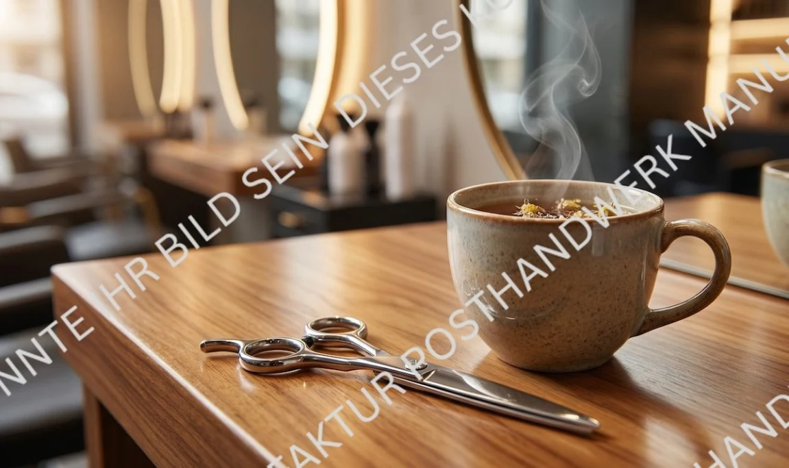 Hairdressing scissors and steaming tea cup in salon, atmospheric AI
image for hair salons and beauty.