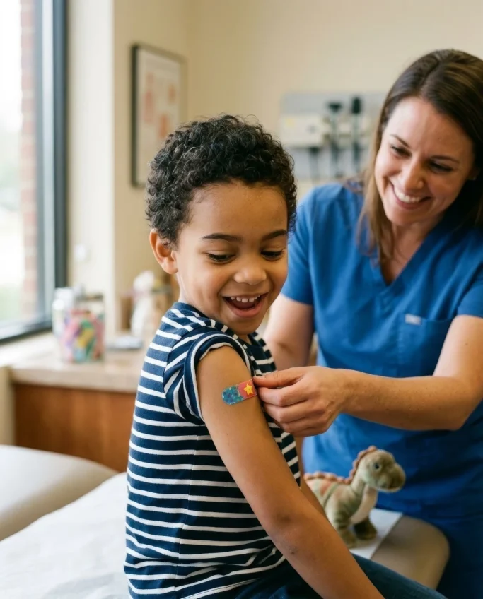 Pediatric nurse placing a plaster on a boy's arm after a vaccination – AI ad image for pediatric practices.