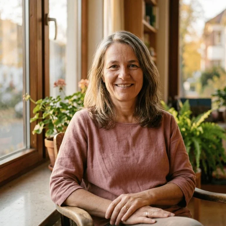 Portrait einer entspannten Frau nach Feierabend – authentisches KI-generiertes Charakterbild für Social-Media-Content.
