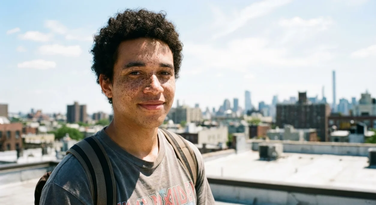 Young man with a backpack in front of the city skyline – AI ad image for travel and lifestyle.