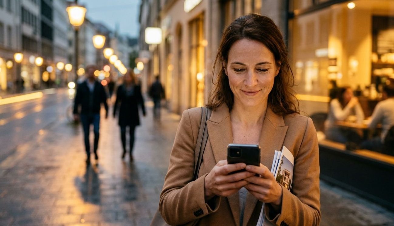 Frau schaut abends in der Stadt aufs Smartphone – KI-Werbebild von Posthandwerk.