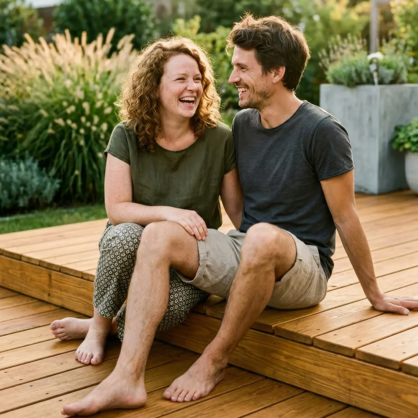 Lachendes Paar auf der Terrasse – KI-Werbebild für Lifestyle und Wohnen.