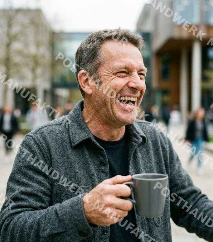 Man laughing outdoors with a coffee mug in hand, city plaza in background, AI-generated image for hospitality, coaching and SME marketing.