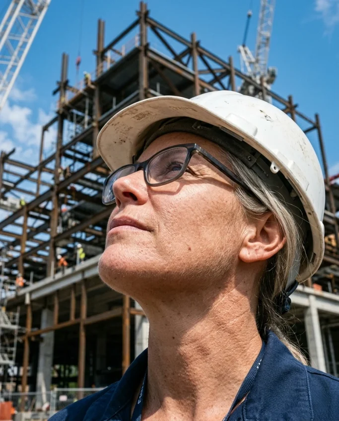 Female construction manager in a hard hat looking up at the building site – AI ad image for construction and trades.