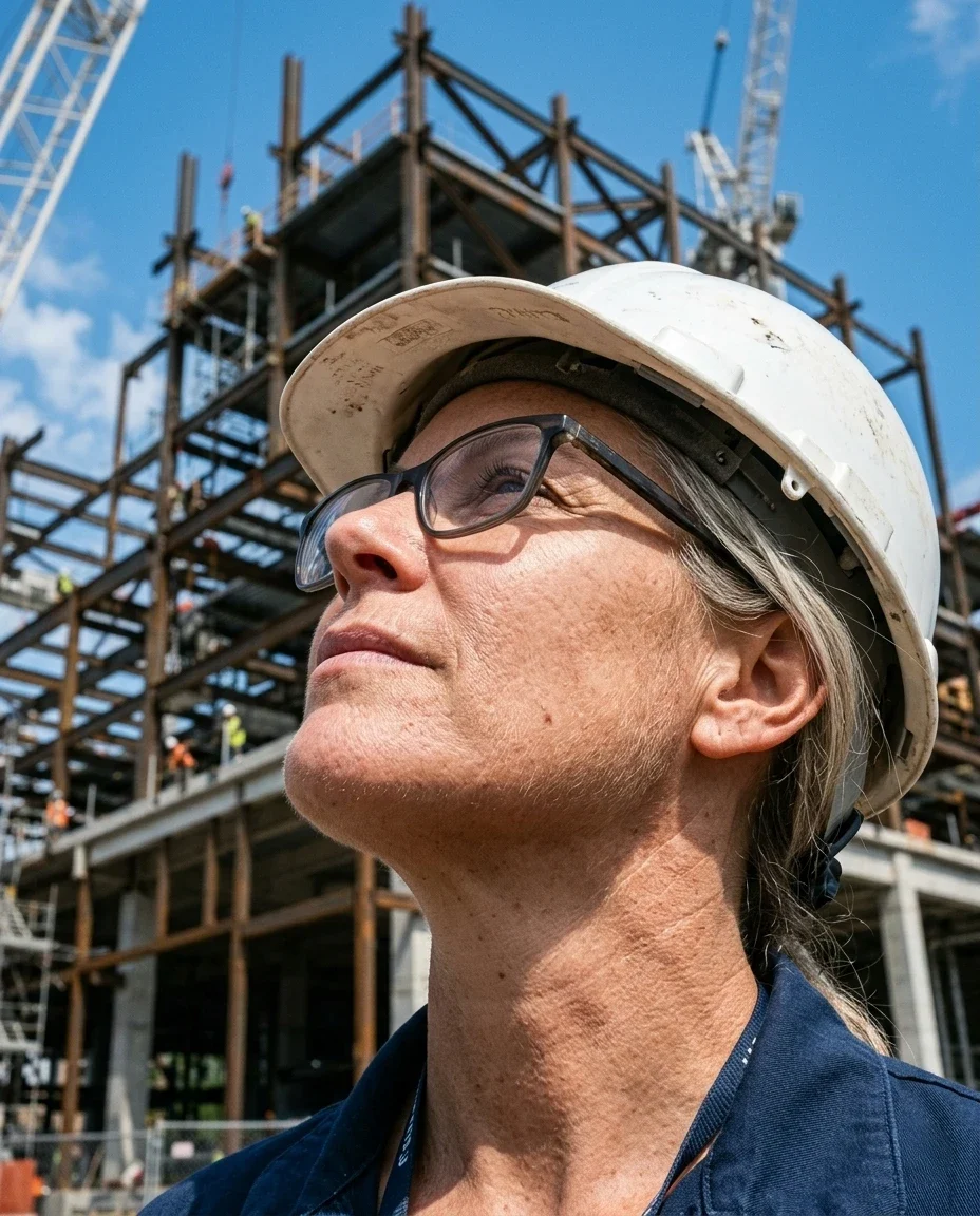 Bauleiterin mit Helm blickt auf die Baustelle – KI-Werbebild für Bauwirtschaft und Handwerk.