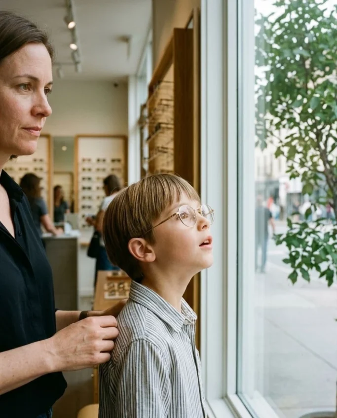 Boy looks out of the window with new glasses with his mother watching – AI ad image for opticians and eyewear brands.