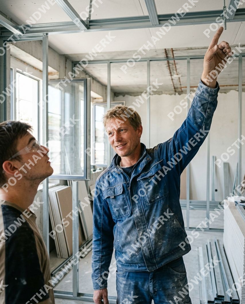 Handwerker erklärt Azubi auf Baustelle – fotorealistisches KI-Bild von Posthandwerk für Handwerk, Bau und Ausbildung.