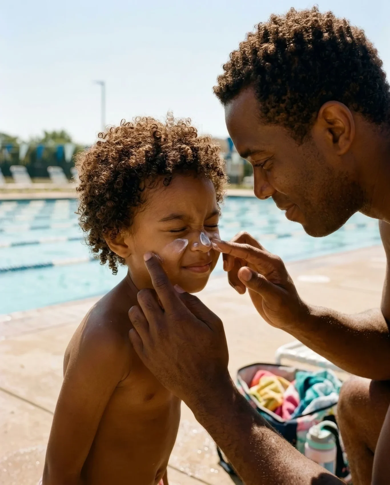 Vater cremt seinen Sohn am Beckenrand mit Sonnencreme ein – KI-Werbebild für Familie und Sonnenschutz.