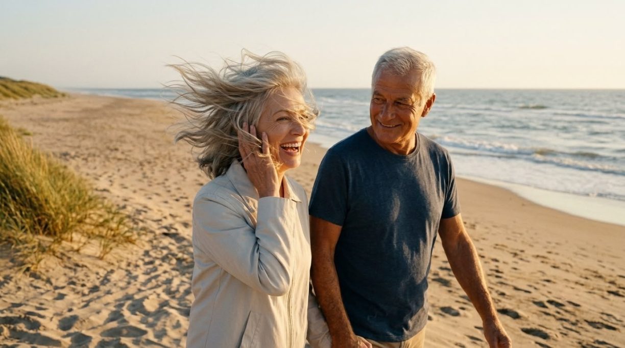 Senior couple laughing in the wind at the beach – AI ad image for travel and active retirement brands.
