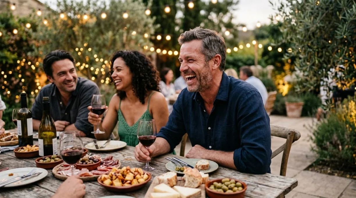 Three friends laughing over wine and mediterranean food in a garden – AI ad image for hospitality and lifestyle brands.