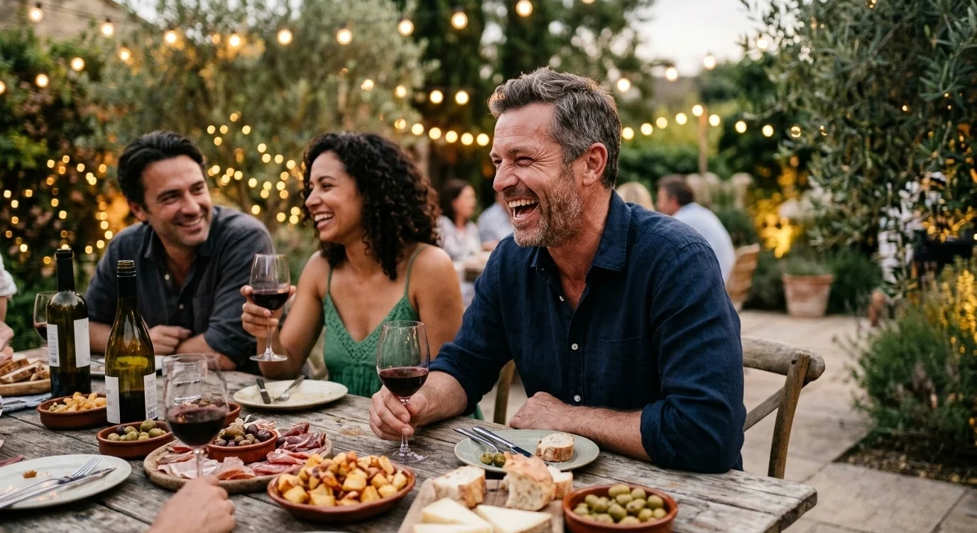 Drei Freunde lachen bei Wein und mediterranen Speisen im Garten – KI-Werbebild für Gastronomie und Lifestyle.