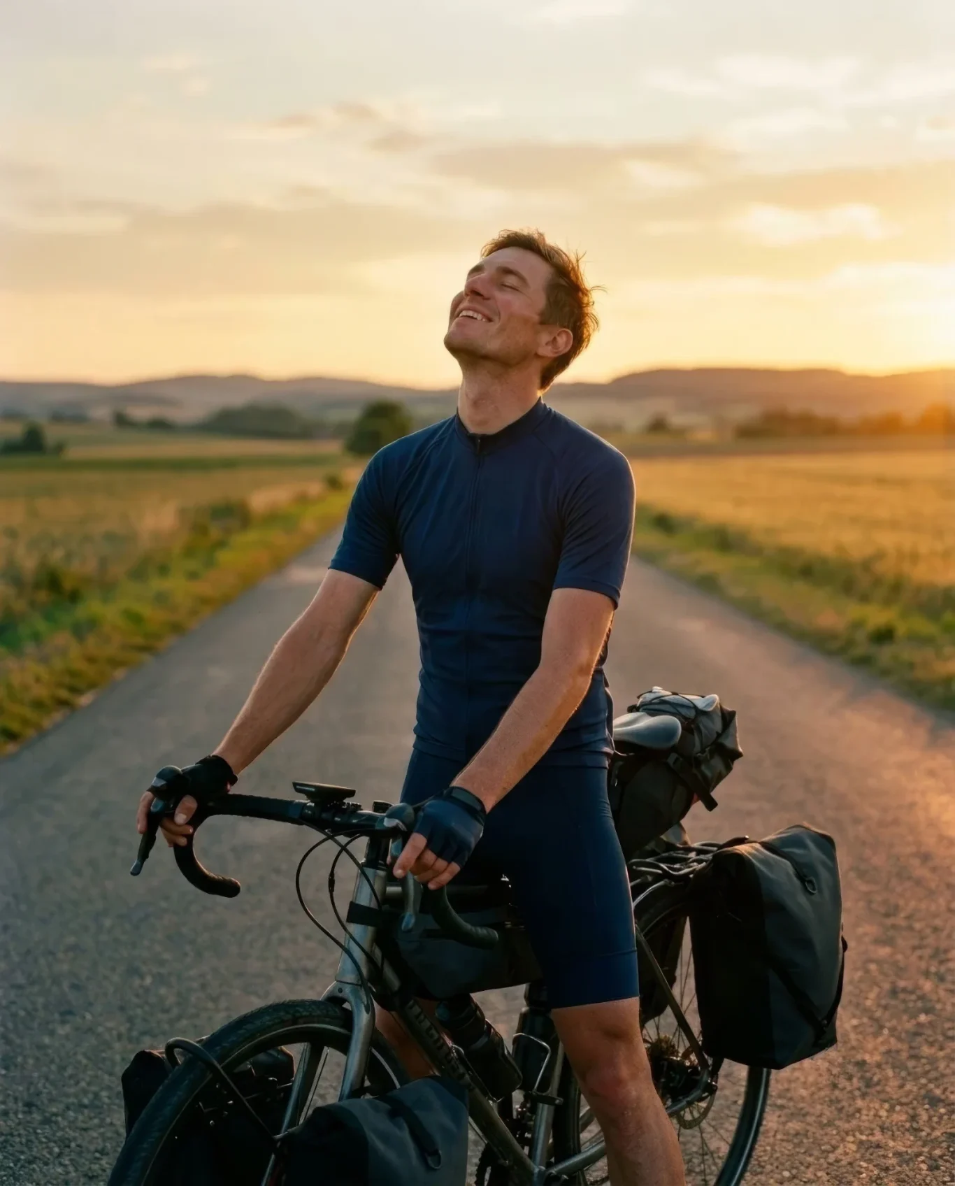 Radfahrer macht Pause auf Strasse bei Sonnenuntergang – KI-Werbebild für Fahrradtourismus und Outdoor.