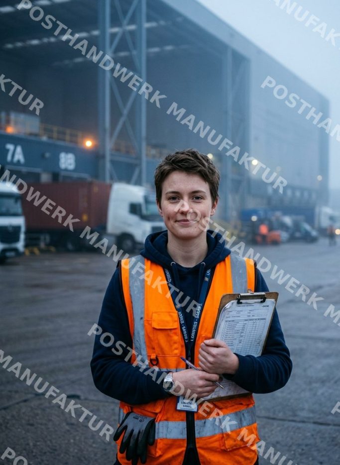 Woman in safety vest holding a clipboard at a freight depot, AI-generated image for logistics, transport and industrial sector market.
