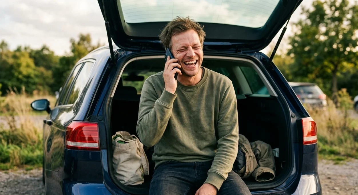 Man laughing on the phone while taking a break in the car trunk – AI ad image for travel and mobility brands.
