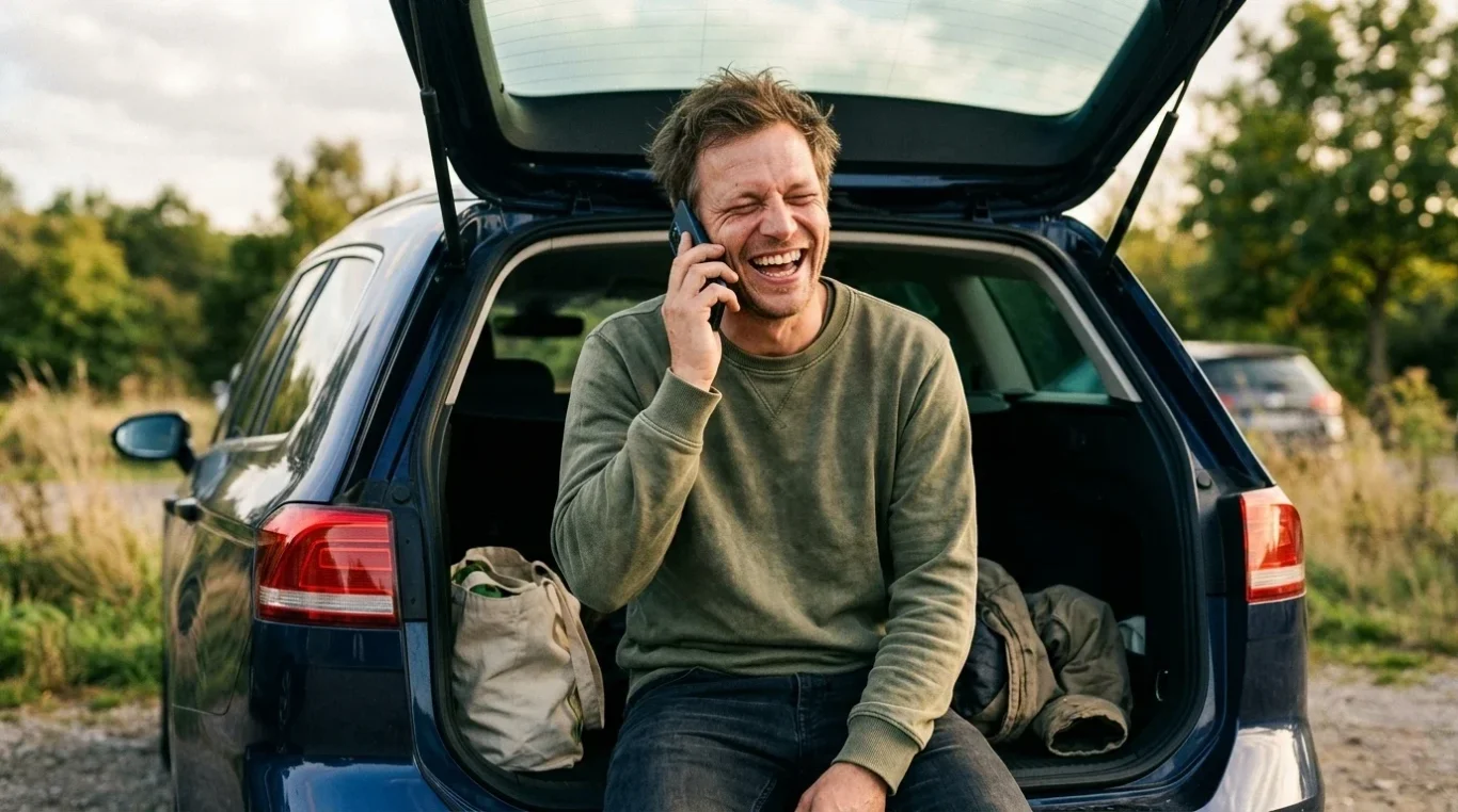 Mann lacht am Telefon im Kofferraum während einer Autopause – KI-Werbebild für Reisen und Mobilität.