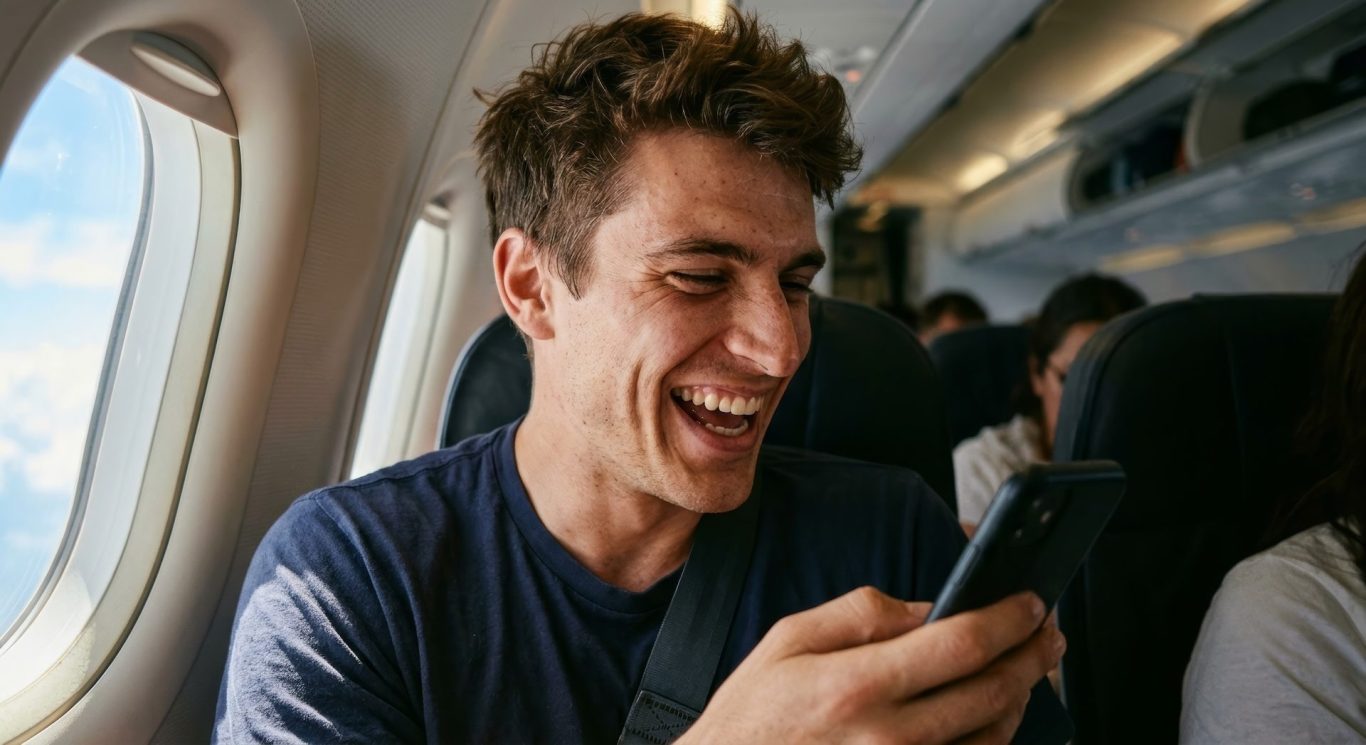 Junger Mann schaut lachend im Flugzeug auf sein Smartphone. KI-generiertes Werbebild von Posthandwerk.