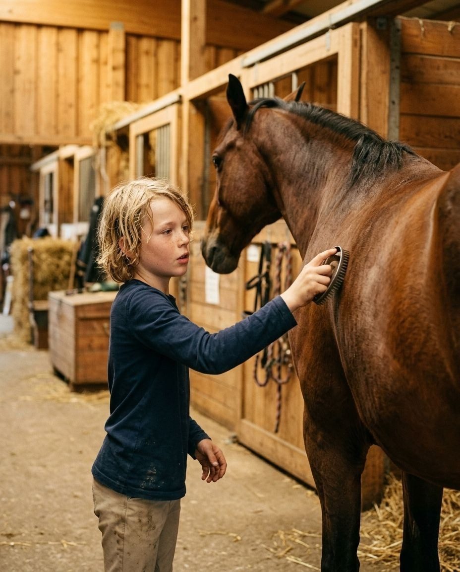 Junge putzt ein Pferd im Stall – KI-Werbebild für Reitställe und Tierhaltung.