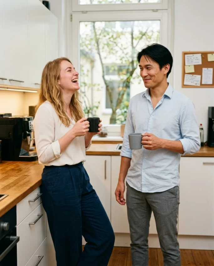 Two colleagues laughing over coffee in the office kitchen – AI ad image for B2B and workplace culture brands.