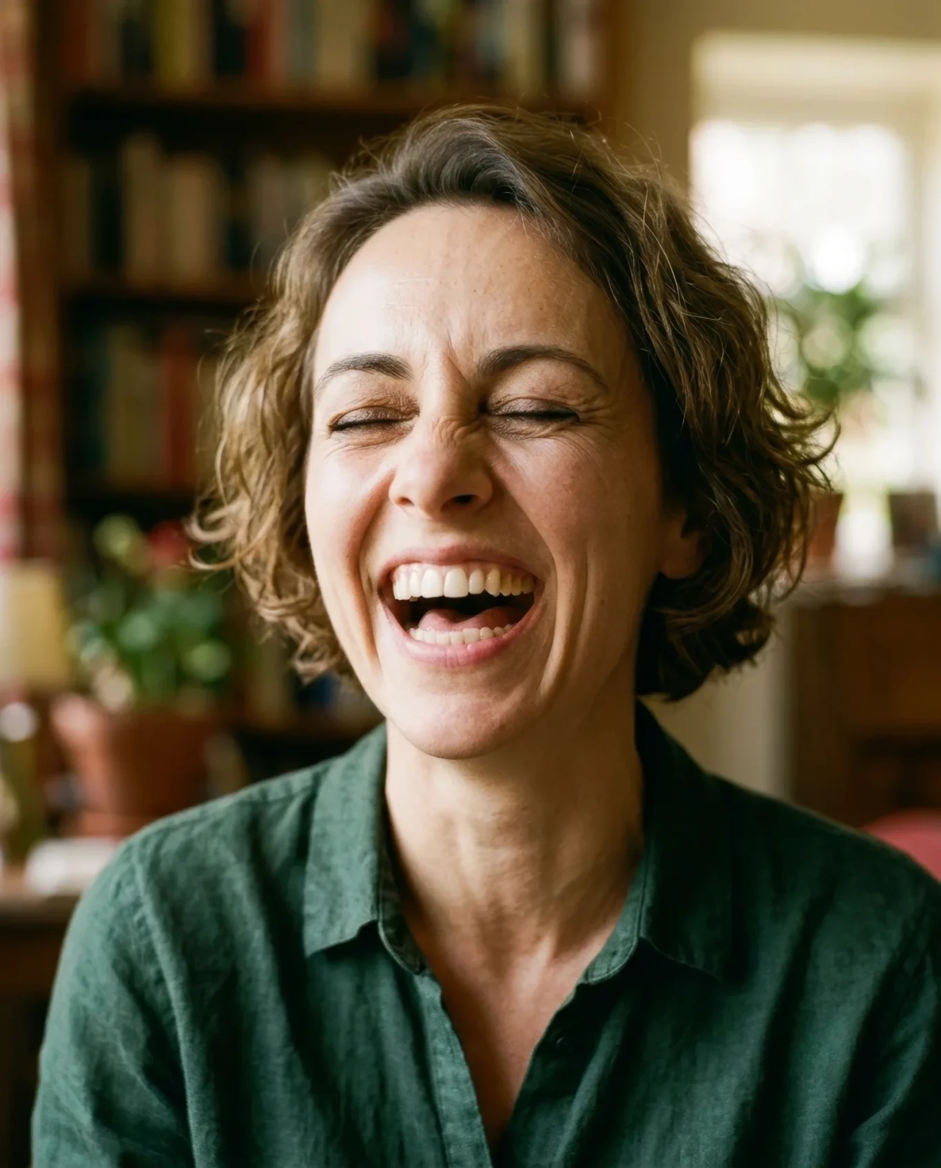 Woman laughing with her eyes closed in a cozy, book-lined room – AI ad image for lifestyle and personal branding content.