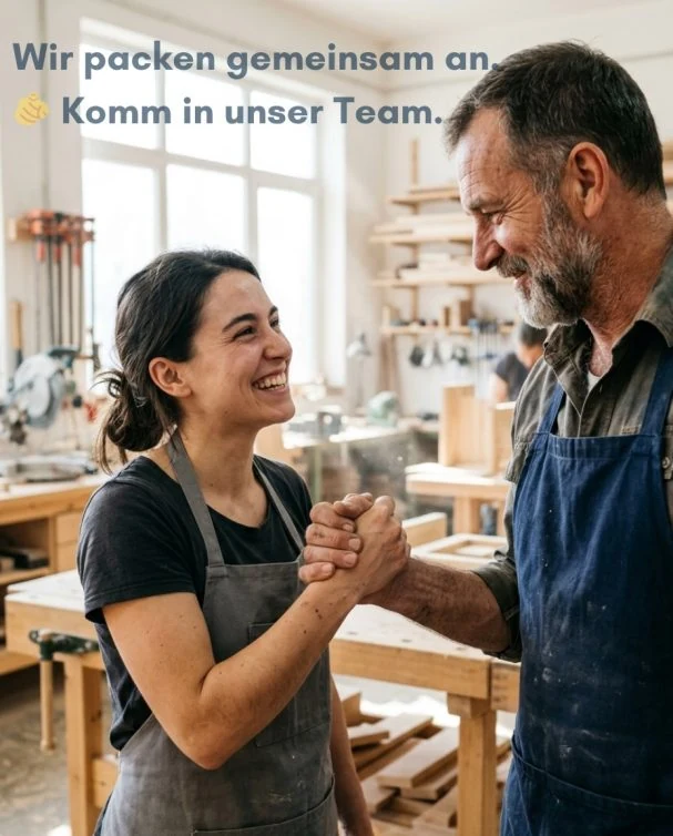 Beispiel-Post Posthandwerk: Teamgeist und Recruiting in Handwerksbetrieb – KI-generierter Bewerbungsaufruf.
