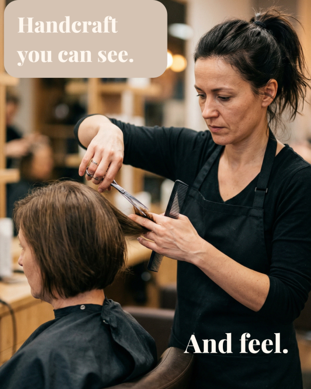Professional hairdresser styling a client's hair – high-end AI-generated visual marketing for hair salons and beauty businesses.
