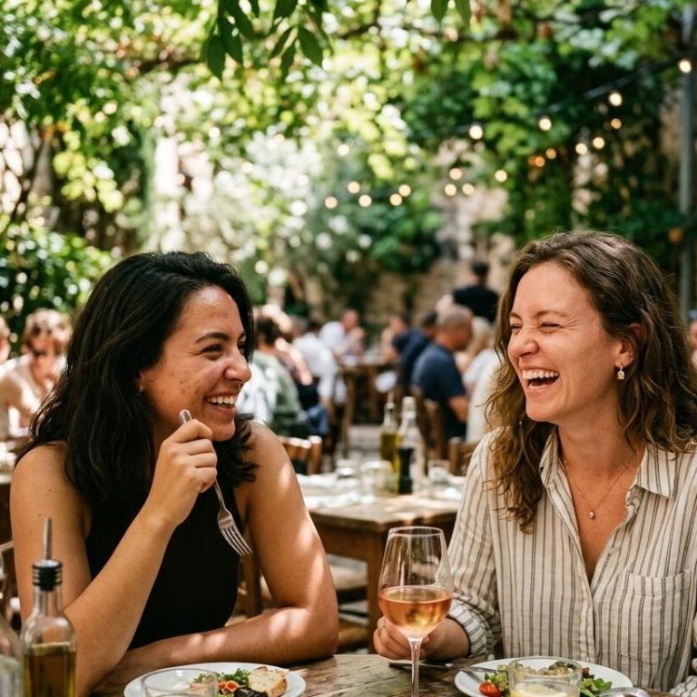 Zwei Frauen lachen im Gartenrestaurant – authentisches Werbebild von Posthandwerk für Restaurants, Cafés und Reise.