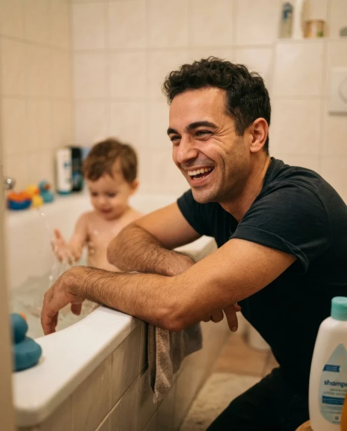 Father laughing with his toddler at the sink – AI ad image for family and baby-care brands.