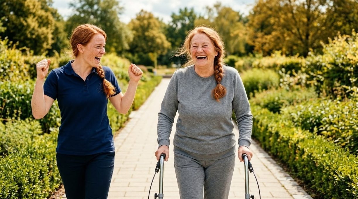 Caregiver assisting a senior woman using a walking frame outdoors – AI ad image for care and rehabilitation brands.